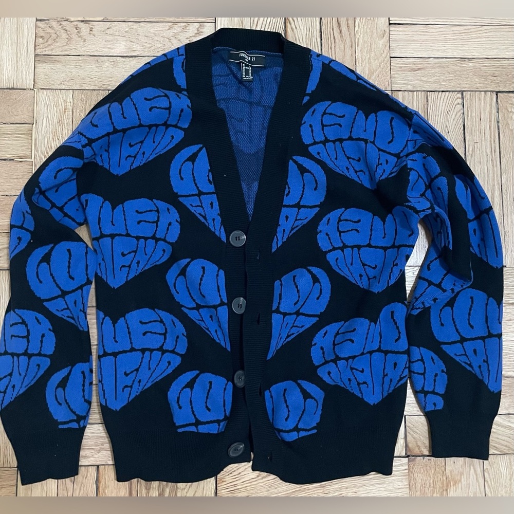 Forever 21 Blue and Black Heart Pattern Cardigan